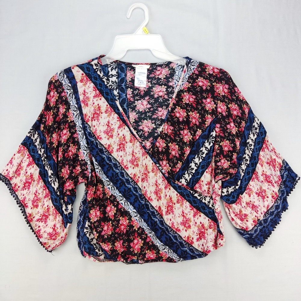 inTu. Top Womens L Multi Floral Paisley Wrap Blouse Pom Pom Trim Boho T2022